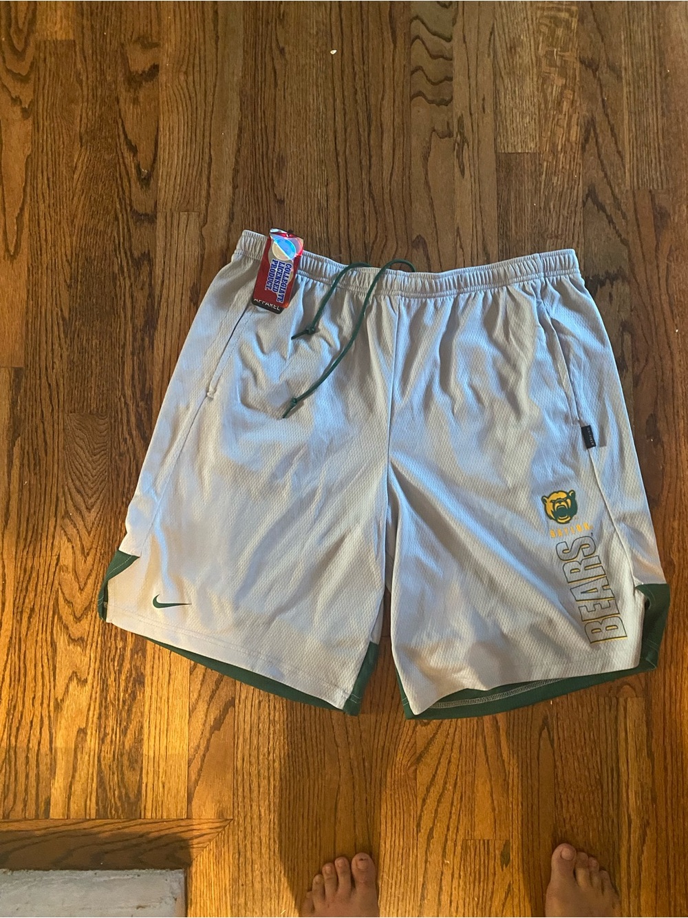 Nike Men’s White Athletic Shorts with Green Trim & Baylor Logo